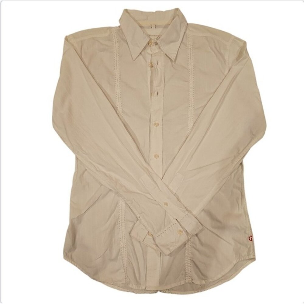 Vintage Guess Mens Beige Long Sleeve Button-Up Shirt Size Small